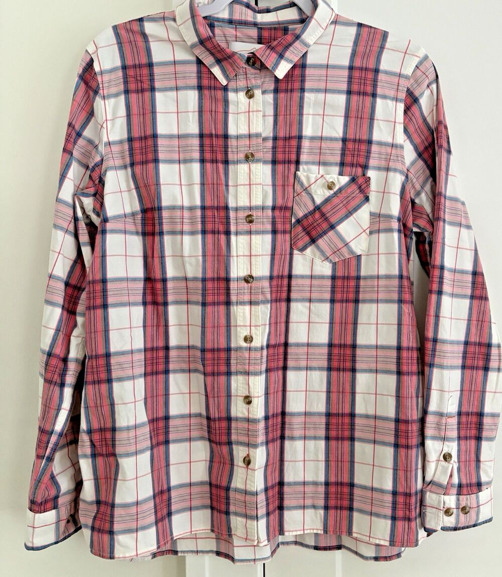 Orvis Shirt Womens Large Pink Blue Plaid Button Down Long Sleeve Pocket Stretch